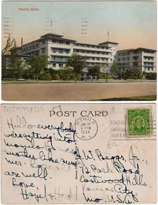 Philippines US 1934 picture postcard PPC Manila Hotel to Kansas City, USA - Picture 1 of 3