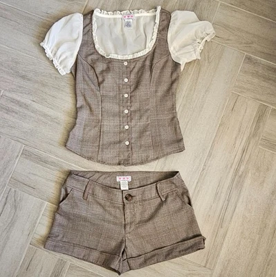 Chaleco Blusa Vintage Cottagecore Y2K Cuadros Dirndl Corpiño Encaje Mangas Abullonadas Pequeño Foto 1 de 4