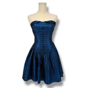 Mini Vestido de Cóctel Y2K Vintage Betsey Johnson Azul Jacquard Sin Tirantes, Talla 2 - Imagen 1 de 7