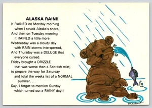 Postcard Alaska Rain Poem Bear and Fish Playing in Puddle Meteorology - Picture 1 of 2