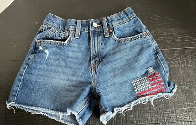 Pantalones Cortos de Jean Azul Marino Antiguo Azul Envejecido Niñas Talla 12 Cortes Rojo Blanco Azul Bandera Foto 1 de 4