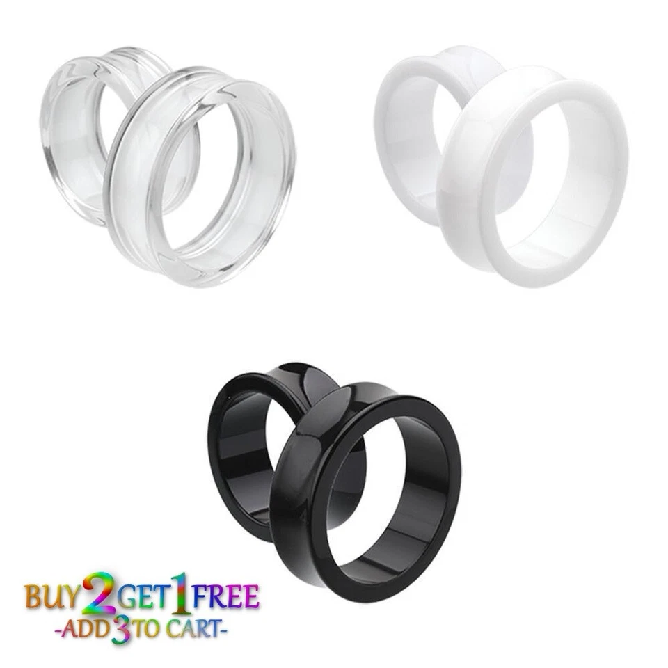 Pair 8g-50mm ACRYLIC TUNNELS Double Flare Gauges Solid Saddle Ear White 1042 - Image 1 of 2