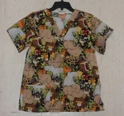 EXCELLENT WOMENS Tafford SAFARI ANIMALS NOVELTY PRINT SCRUBS TOP  SIZE XS - Image 1 of 3