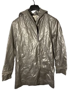 PANICALE Made in Italy Silver Metallic Raincoat- Linen Lining-Beaded Cuffs-Sz S - Picture 1 of 9