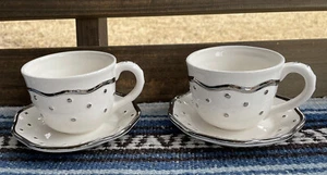 ✅Set 2 Inspirado Kaffeetassen & Untertassen Teller weiß silber metallic lackiert Punkte - Bild 1 von 12