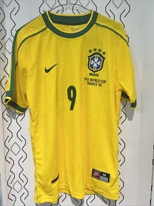 Brazil 1998 Home Ronaldo #9 Retro Rare Soccer Football Jersey Shirt Men's Size M - Picture 1 of 2