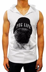 MENS SLEEVELESS T-SHIRT COMEDY PUG LIFE HOODED TANK TOP GYM FESTIVAL FUNNY DOGS - Picture 1 of 1