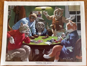 VTG Arthur Sarnoff Feeding The Kitty Print Cats Gambling Poker Home Bar 20x16 - Picture 1 of 18
