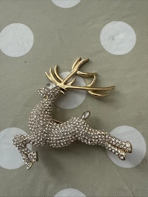 ANNE KLEIN Gold Tone Pave Crystal Rhinestone Flying Reindeer Brooch Pin - Image 1 of 4