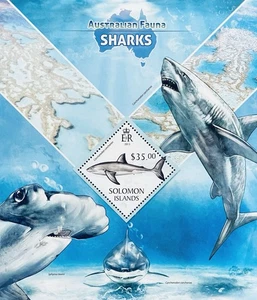 SOLOMON ISLANDS AUSTRALIAN FAUNA SHARKS SHAPED STAMPS MNH 2013 GREAT WHITE SHARK - Picture 1 of 1