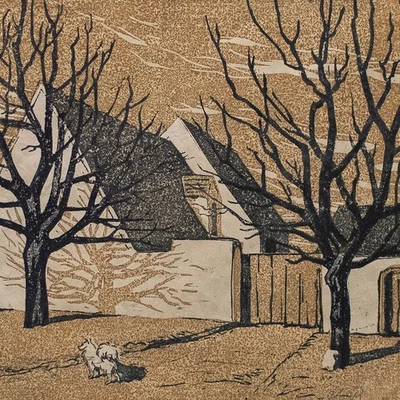 Farblinolschnitt eines Hofes von H. Besecke 1918 monogrammiert HB - Bild 1 von 4