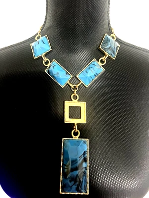 Collar grande cuadrado babero piedras azul/verde azulado mármol oro grueso geométrico Foto 1 de 3