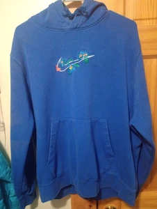 Nike Fleece Embroidered Hoodie Mens Large Blue Sweatshirt Flowers Floral Rare - Picture 1 of 10