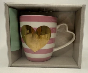 Mug - With Box - Pink & White Stripes - Gold Heart - “Cupid Mug” - Picture 1 of 3