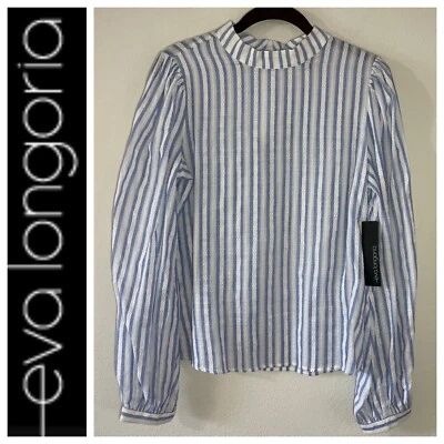 NUEVO CON ETIQUETAS Blusa Eva Longoria Bebé Azul Blanco Rayas Crochet Abullonada Manga Larga Mediana Foto 1 de 4