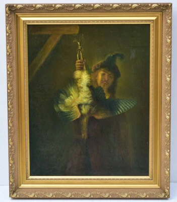 after Rembrandt van Rijn, The Bittern Hunter (self-portrait, 1639), signed - Image 1 of 4