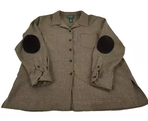 Vtg Lauren Ralph Lauren Womens Brown Plaid Button Up Elbow Patch 100% Wool Shirt - Picture 1 of 9