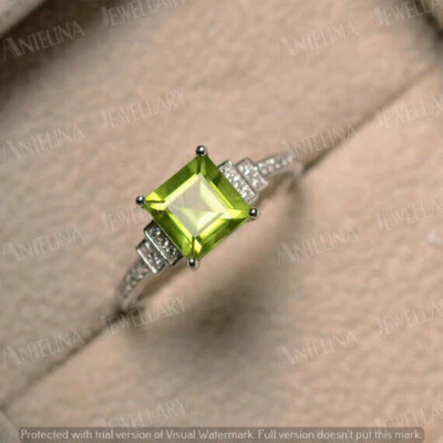 1.50 Ct Simulated Princess Cut Peridot & Diamond Ring 925 Sterling Silver Plated - Image 1 of 4
