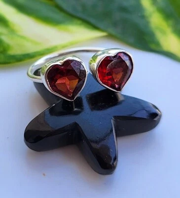 Natural Double Garnet Heart Ring 925 Sterling Silver Ring, Valentine Gift Her - Image 1 of 4