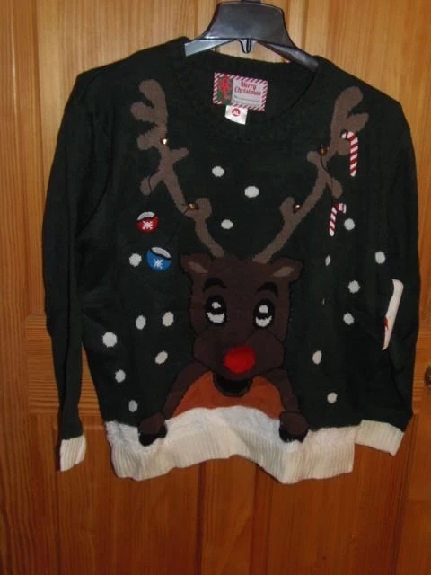 DESIGNER 1552 Womens Flying Snowman Navy Knit Christmas Sweater Top L BHFO