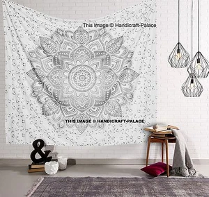 Indian Silver Ombre Mandala Wall Decor King Tapestry Cotton Gypsy Bohemian Throw - Picture 1 of 2