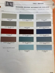 1962 BUICK AUTOMOTIVE R & M, Exterior Paint Color Chip Chart Sheet 1 PAGE - Imagen 1 de 1