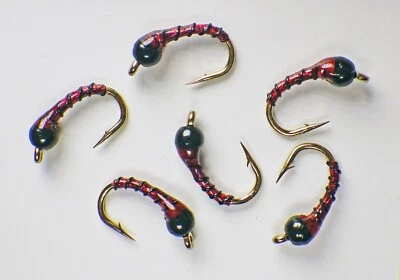 GUIDE FLIES Zebra Midge Tungsten Nymphs Holo Blood Red - Premium Trout Fly Fishing Flies