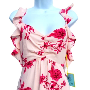 CECE Dress Size L Cold Shoulder Secret Blush Floral Spring Bouquet Ruffle Hi-Low - Picture 1 of 11
