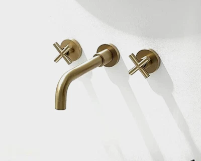 Brushed Gold Bathroom Faucet Double Handle Wall Mount Sink Faucet Sitges
