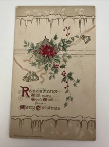 Winsch Merry Christmas Poinsettias Bells Ribbon c1914 Vintage Postcard Embossed - Picture 1 of 2