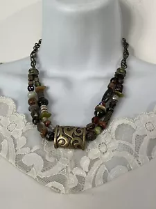 Chico’s Glass Bead Necklace Center Piece Bronze Color Slider Two Bead Strand - Picture 1 of 12