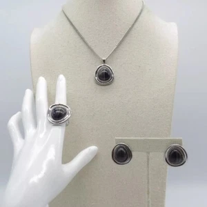 Avon Necklace Earrings Ring Set Dark Blue Cabochon Silver Tone Parure Set - Picture 1 of 14
