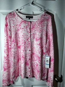 Jones New York Signature Women Cardigan Sz XL Pink White Paisley Long Sleeve NWT - Picture 1 of 8