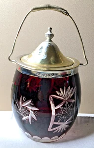 Ruby Cut to Clear Antique Biscuit Jar with Lid and Handle - Picture 1 of 11