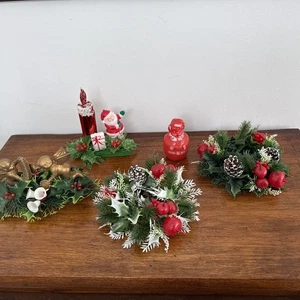 4 Vintage Plastic Christmas Greenery Decor Candle Rings Wreaths Blow Mold Santa - Picture 1 of 16
