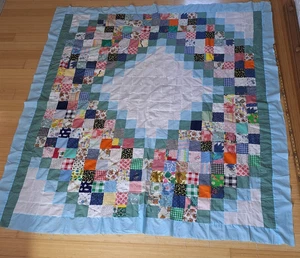 Hand Stitched Unfinished Quilt Top Patchwork Small Square Pattern 71” By 75” - Picture 1 of 6