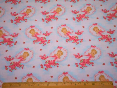 Nursery Fabric By Yard Welcome Baby Pink Floral on Blue & White Premium Cotton C - Image 1 of 2