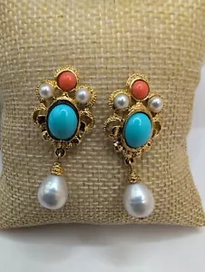 Ben-Amun Goldtone Turquoise Pearly Dangling Earrings - Picture 1 of 5