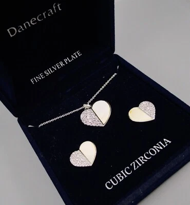 NOS New in Box DANECRAFT Heart Clear CZ & MOP Necklace Earrings SET - Image 1 of 4