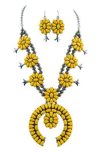 Southwestern Western Faux Yellow Turquoise Squash Blossom Statement Necklace