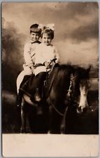 Happy Little Boy & Girl Riding Pony Studio RPPC Real Photo 1914 Postcard C706