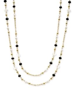 INC Womens Long Chain Necklace Gold Tone with Clear, Black and White Beads 60"