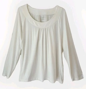 Talbots Woman Top Plus Size 3X White Pima Cotton Long Sleeve Round Gathered Neck - Picture 1 of 10