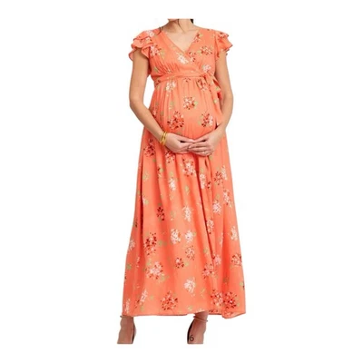 NEW Seraphine Flutter Sleeve Wrap Dress Floral Coral 4 Pregnancy Maxi Nursing - Image 1 of 4