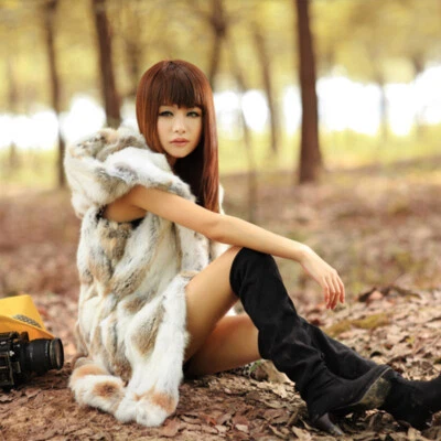 Genuine Real Natural Rabbit Fur Vest with Hood Women Fashion Gilet Jacket - Image 1 of 4