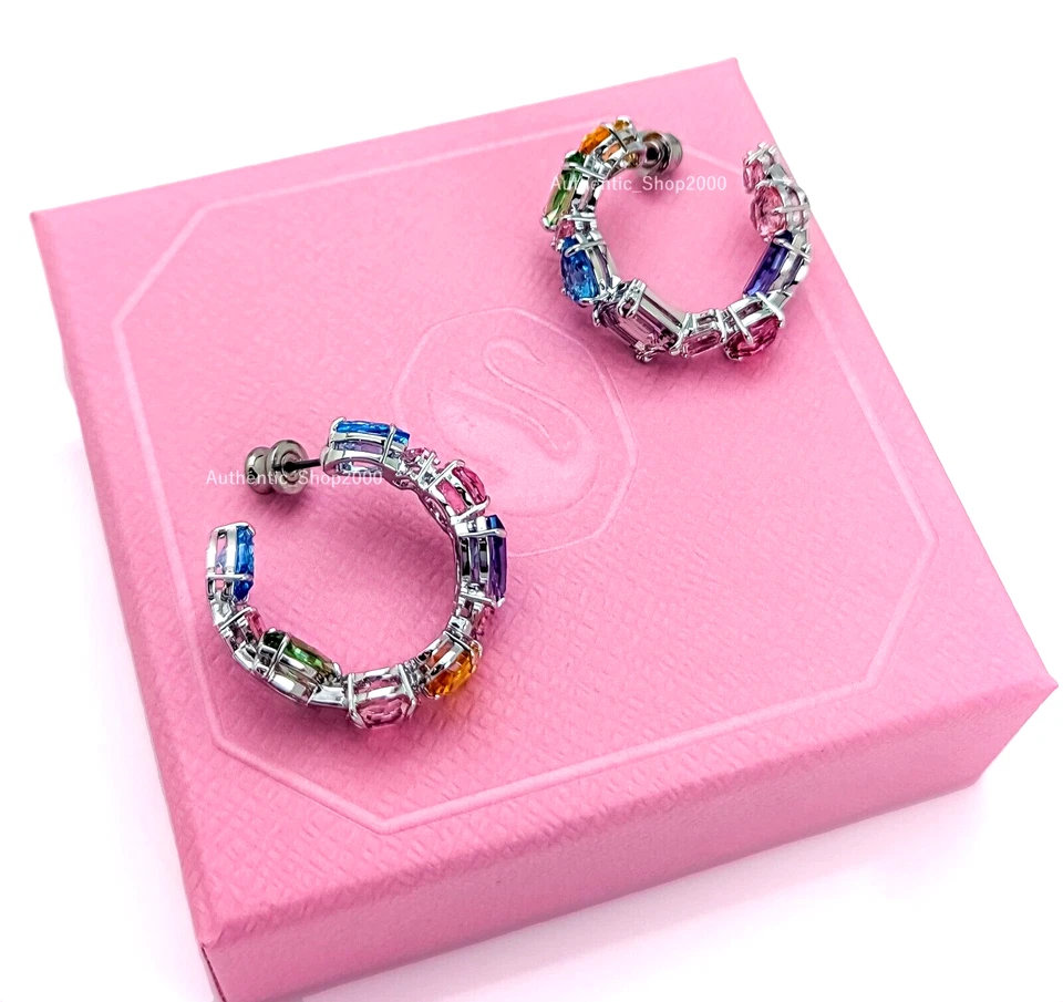 Swarovski Gema Hoop Earrings Asymmetrical Design Small Rhodium Plated 5692412