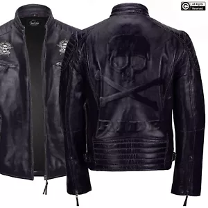 Men's Purple Vintage Style Biker Motorcycle Leather Jacket Embossed Skull Bones - Picture 1 of 8