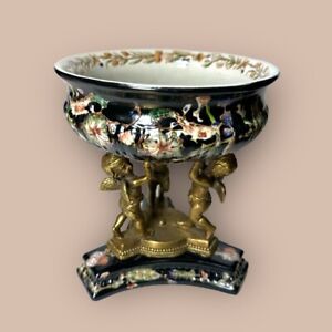 Classy Bowl with Angel Baroque Antique Style Black Gold Porcelain Bronze 19cm