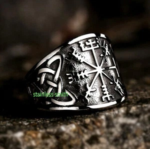 SMITH Men's Stainless Steel Viking Celtic Knot Vegvisir Compass Ring Size 6-15 - Picture 1 of 4