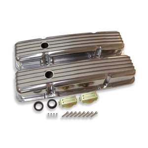 For SBC 350 1958-1986 Short Retro Finned Valve Cover Polished Aluminum w/ Hole - Picture 1 of 5